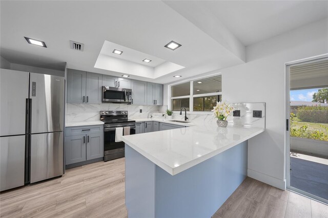 2166 Beacon Dr, Port Charlotte, FL 33952 - kitchen featuring appliances with stainless steel finishes, gray cabinetry, a raised ceiling, a peninsula, and light wood finished floors