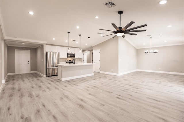 16280 Minorca Dr, Punta Gorda, FL 33955 - unfurnished living room with crown molding, lofted ceiling, recessed lighting, baseboards, and ceiling fan