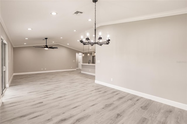 16280 Minorca Dr, Punta Gorda, FL 33955 - unfurnished living room featuring recessed lighting, a ceiling fan, crown molding, a chandelier, and light wood-style flooring