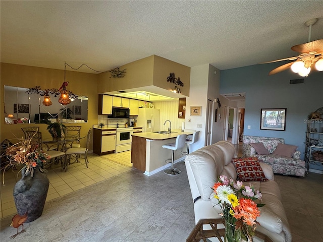 4120 SE 19th Pl Unit 202, Cape Coral, FL 33904 - living area featuring a ceiling fan and a textured ceiling