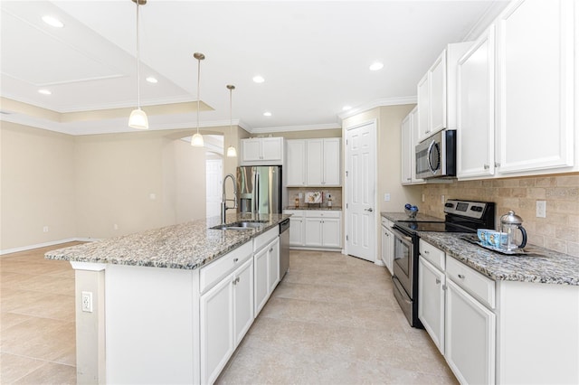11666 Parrotfish St, Venice, FL 34292 - kitchen featuring appliances with stainless steel finishes, ornamental molding, backsplash, a sink, and white cabinetry