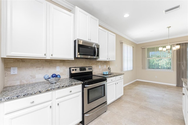 11666 Parrotfish St, Venice, FL 34292 - kitchen featuring stainless steel appliances, a chandelier, crown molding, decorative backsplash, and white cabinetry