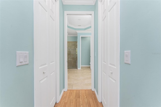 11666 Parrotfish St, Venice, FL 34292 - corridor with crown molding, light wood-style flooring, and baseboards