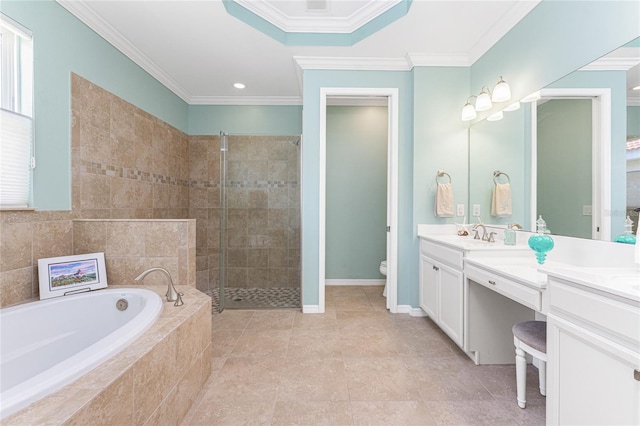 11666 Parrotfish St, Venice, FL 34292 - full bath with a bath, double vanity, a stall shower, toilet, and ornamental molding