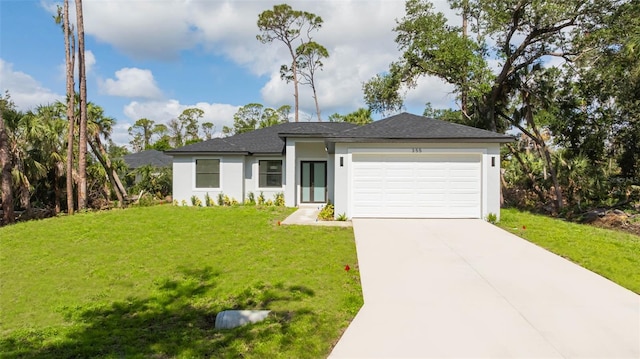 355 Milton St, Port Charlotte, FL 33954 - prairie-style house with stucco siding, a garage, concrete driveway, a front lawn, and a shingled roof