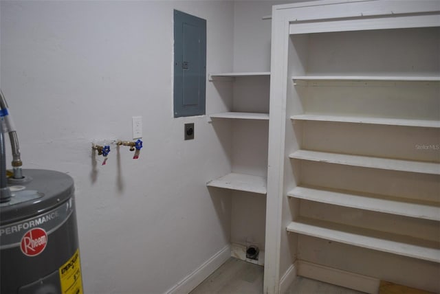 21275 Austin Ave, Port Charlotte, FL 33952 - washroom with hookup for an electric dryer, electric panel, water heater, baseboards, and wood finished floors