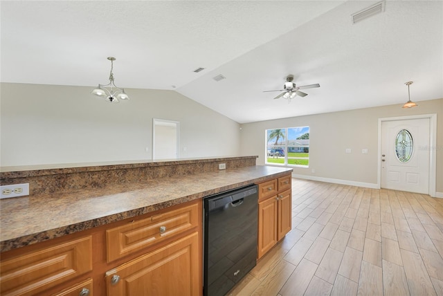 11615 SW Pine Ave, Arcadia, FL 34269 - kitchen featuring dishwasher, dark countertops, lofted ceiling, pendant lighting, and a ceiling fan