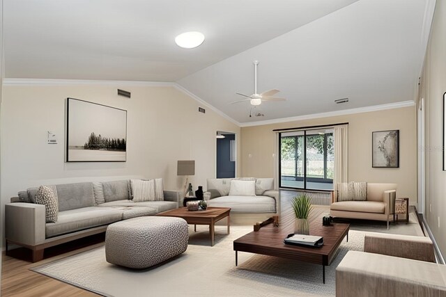 541 Wekiva River Ct Unit 94, Englewood, FL 34223 - living area featuring a ceiling fan, vaulted ceiling, wood finished floors, ornamental molding, and baseboards