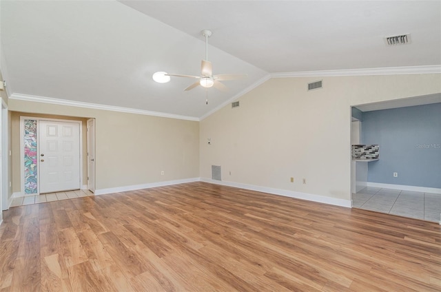 541 Wekiva River Ct Unit 94, Englewood, FL 34223 - unfurnished room featuring ceiling fan, light wood-style floors, lofted ceiling, crown molding, and baseboards