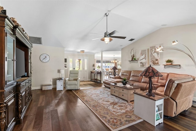 425 Corrientes Cir, Punta Gorda, FL 33983 - living room with ceiling fan, dark wood-style flooring, lofted ceiling, and baseboards