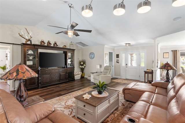 425 Corrientes Cir, Punta Gorda, FL 33983 - living room featuring decorative columns, dark wood finished floors, a ceiling fan, vaulted ceiling, and crown molding