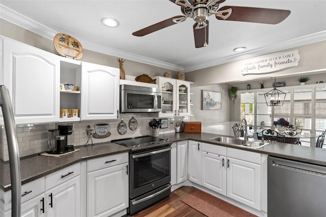 425 Corrientes Cir, Punta Gorda, FL 33983 - kitchen featuring appliances with stainless steel finishes, a sink, crown molding, dark countertops, and open shelves