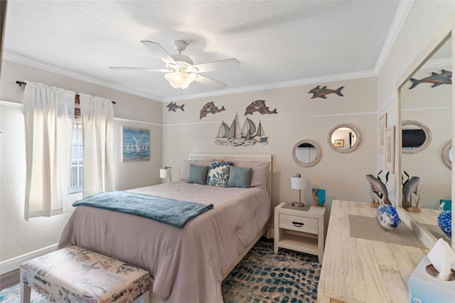 425 Corrientes Cir, Punta Gorda, FL 33983 - bedroom featuring ornamental molding, ceiling fan, a textured ceiling, and baseboards