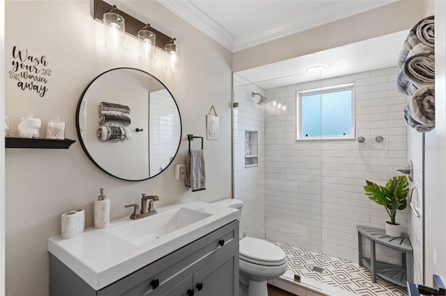 425 Corrientes Cir, Punta Gorda, FL 33983 - bathroom featuring a tile shower, vanity, toilet, and crown molding