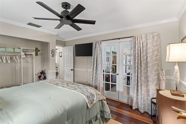 425 Corrientes Cir, Punta Gorda, FL 33983 - bedroom with french doors, dark wood-type flooring, ornamental molding, and ceiling fan
