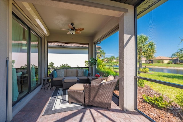 1470 Hyssop Loop, North Port, FL 34289 - sunroom / solarium featuring a water view, a ceiling fan, and an outdoor hangout area