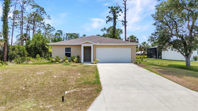 3799 Laredo Ave, North Port, FL 34288 - ranch-style house with driveway, stucco siding, a front lawn, and a garage