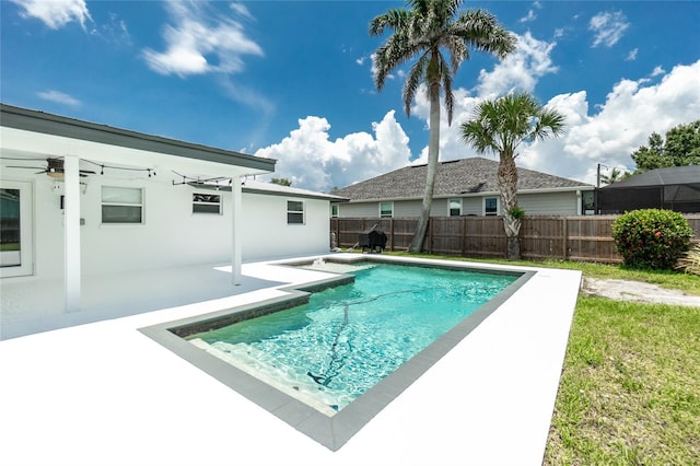 416 Allen St, Punta Gorda, FL 33950 - view of swimming pool featuring a fenced backyard, a patio area, and a ceiling fan