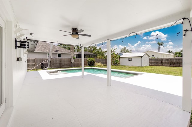 416 Allen St, Punta Gorda, FL 33950 - view of pool featuring a patio, ceiling fan, and an outbuilding