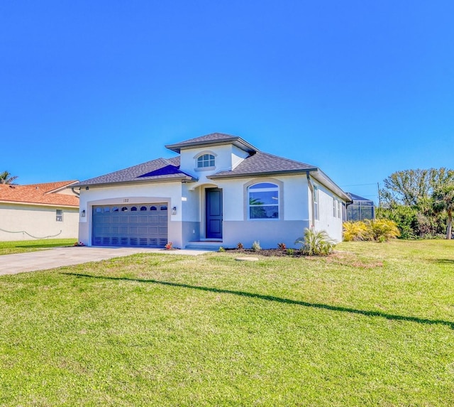 122 Arrow Ln, Rotonda West, FL 33947 - view of front of house with stucco siding, an attached garage, a front yard, driveway, and roof with shingles