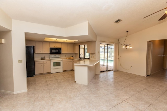 238 Mark Twain Ln, Rotonda West, FL 33947 - kitchen featuring black appliances, a sink, a peninsula, light countertops, and ceiling fan
