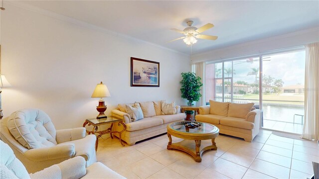 2002 Bal Harbor Blvd Unit 1712, Punta Gorda, FL 33950 - living area featuring light tile patterned floors, ceiling fan, and crown molding