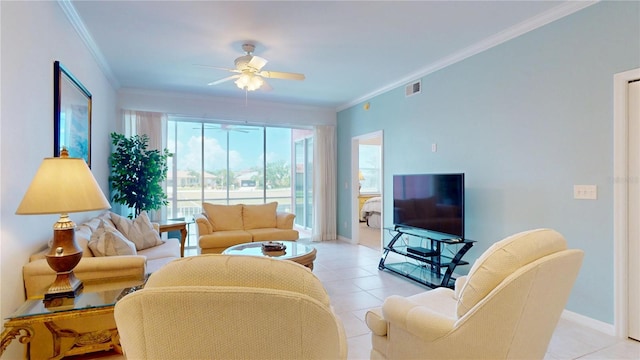 2002 Bal Harbor Blvd Unit 1712, Punta Gorda, FL 33950 - living area featuring ceiling fan, crown molding, light tile patterned floors, and baseboards