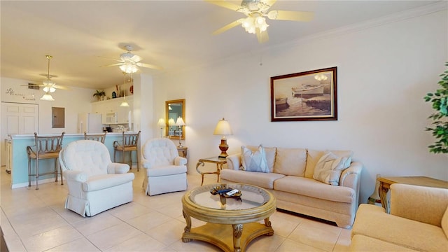 2002 Bal Harbor Blvd Unit 1712, Punta Gorda, FL 33950 - living area featuring ceiling fan, light tile patterned floors, and crown molding