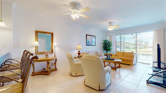 2002 Bal Harbor Blvd Unit 1712, Punta Gorda, FL 33950 - living room featuring crown molding, light tile patterned flooring, and a ceiling fan