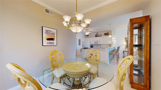 2002 Bal Harbor Blvd Unit 1712, Punta Gorda, FL 33950 - dining room featuring a chandelier, ornamental molding, a ceiling fan, and light tile patterned floors