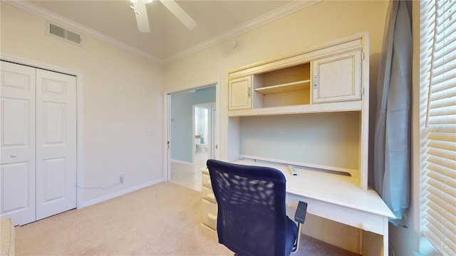 2002 Bal Harbor Blvd Unit 1712, Punta Gorda, FL 33950 - home office featuring crown molding, a ceiling fan, light colored carpet, and baseboards