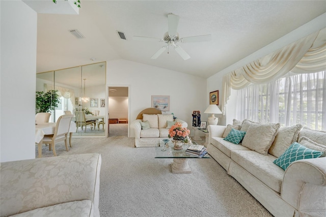 4055 Alwick Ln, North Port, FL 34287 - living area with carpet floors, lofted ceiling, and ceiling fan