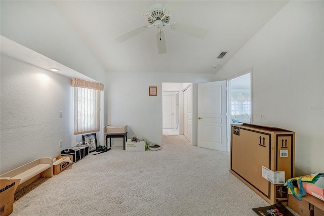 4055 Alwick Ln, North Port, FL 34287 - sitting room with lofted ceiling, carpet flooring, and ceiling fan