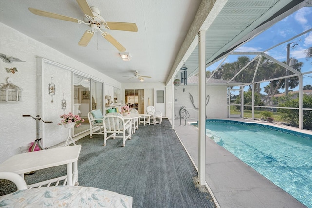 4055 Alwick Ln, North Port, FL 34287 - outdoor pool featuring ceiling fan, a patio area, and a lanai