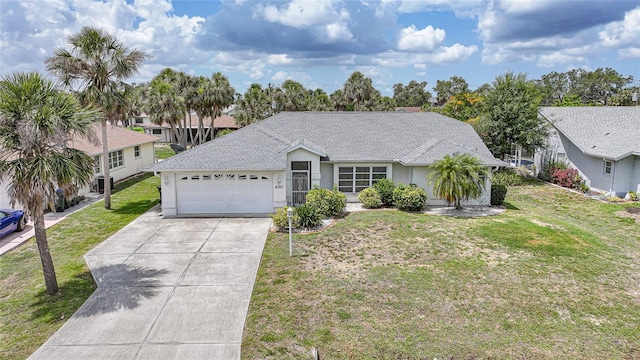 4055 Alwick Ln, North Port, FL 34287 - ranch-style house with an attached garage, concrete driveway, a front lawn, roof with shingles, and stucco siding