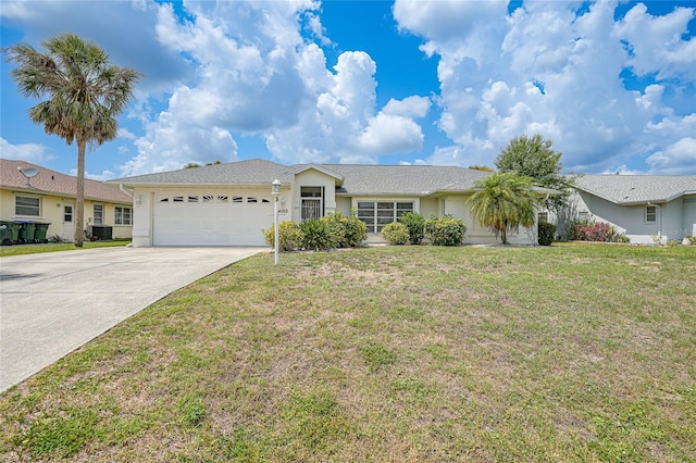 4055 Alwick Ln, North Port, FL 34287 - ranch-style home featuring an attached garage, concrete driveway, stucco siding, a front yard, and central AC