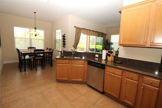 13256 Creekside Ln, Port Charlotte, FL 33953 - kitchen featuring dishwasher, a sink, a peninsula, a chandelier, and pendant lighting