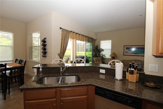 13256 Creekside Ln, Port Charlotte, FL 33953 - kitchen with dishwasher, a sink, tile patterned floors, dark stone counters, and open floor plan
