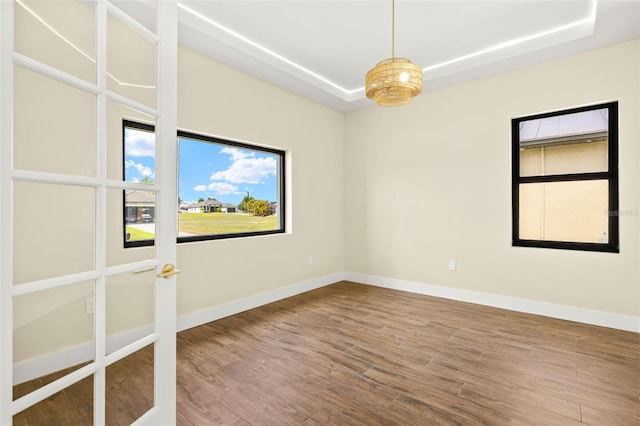 3413 NW 9th Ter, Cape Coral, FL 33904 - empty room featuring a tray ceiling, wood finished floors, and baseboards