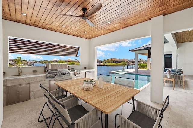 3413 NW 9th Ter, Cape Coral, FL 33904 - view of patio / terrace featuring a sink, outdoor dining area, a ceiling fan, an outdoor hangout area, and a pool with connected hot tub
