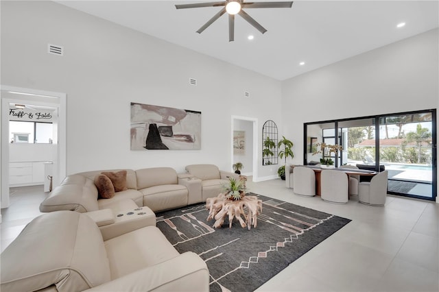 1324 Longwood Dr, Fort Myers, FL 33919 - living area with a towering ceiling, ceiling fan, and recessed lighting