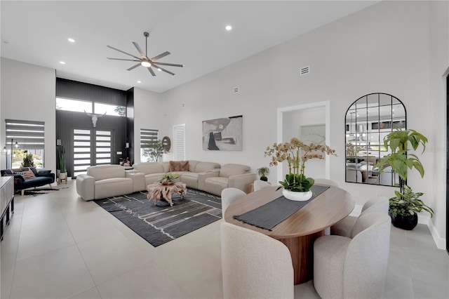 1324 Longwood Dr, Fort Myers, FL 33919 - living area with a towering ceiling, ceiling fan, and recessed lighting