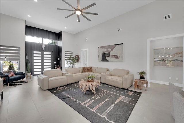 1324 Longwood Dr, Fort Myers, FL 33919 - living room with a high ceiling, ceiling fan, and recessed lighting