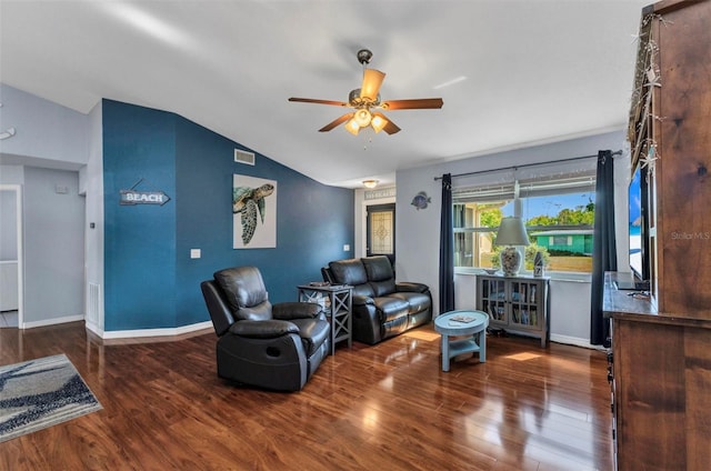 566 Reading St NW, Port Charlotte, FL 33952 - living room featuring lofted ceiling, wood finished floors, a ceiling fan, and baseboards