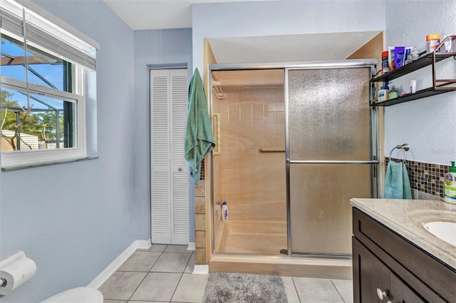 566 Reading St NW, Port Charlotte, FL 33952 - bathroom featuring a closet, tile patterned floors, and a stall shower