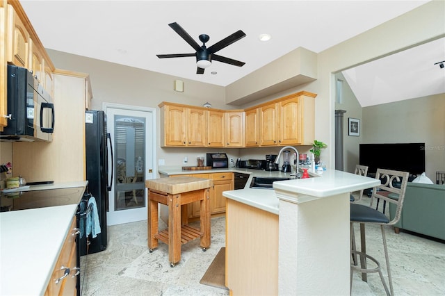 5219 Guava Ter, Port Charlotte, FL 33981 - kitchen with black appliances, a sink, a breakfast bar, a ceiling fan, and a peninsula