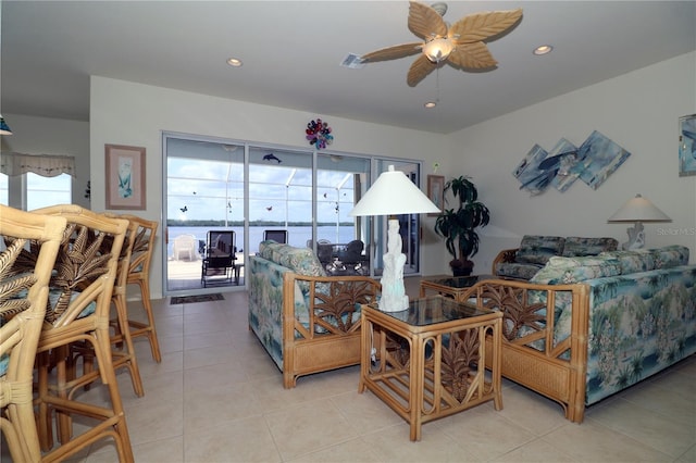 3772 Peace River Dr, Punta Gorda, FL 33983 - living room featuring ceiling fan, light tile patterned floors, and recessed lighting