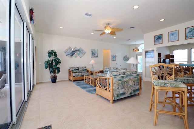 3772 Peace River Dr, Punta Gorda, FL 33983 - living room featuring ceiling fan, recessed lighting, and light tile patterned flooring