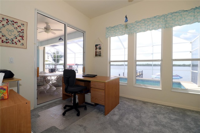 3772 Peace River Dr, Punta Gorda, FL 33983 - carpeted office with a water view, plenty of natural light, a ceiling fan, and baseboards
