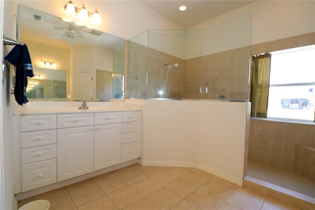 3772 Peace River Dr, Punta Gorda, FL 33983 - bathroom featuring walk in shower, tile patterned floors, ceiling fan, vanity, and recessed lighting